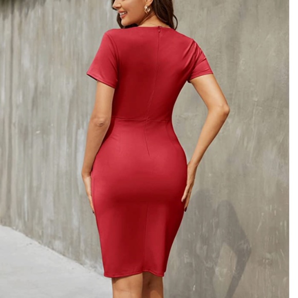 🆕V Neck Dress Waist Ruched Tulip Hem Split Mini Bodycon Dress - Picture 6 of 12